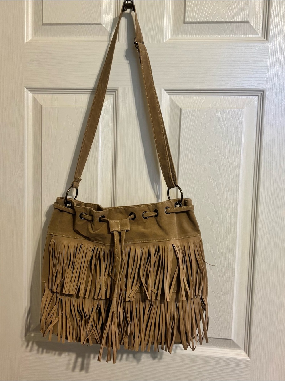 Fringed Faux Suede Shoulder Bag - Taupe